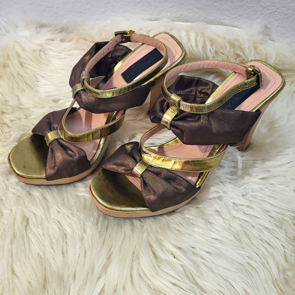 Derek Lam Wooden Gold Bow Strappy Heel Sandals